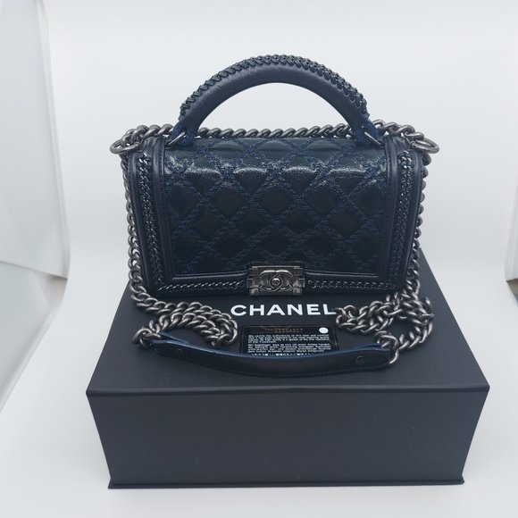 Chanel Medium Top Handle Boy Bag Navy Leather Excellent Condition